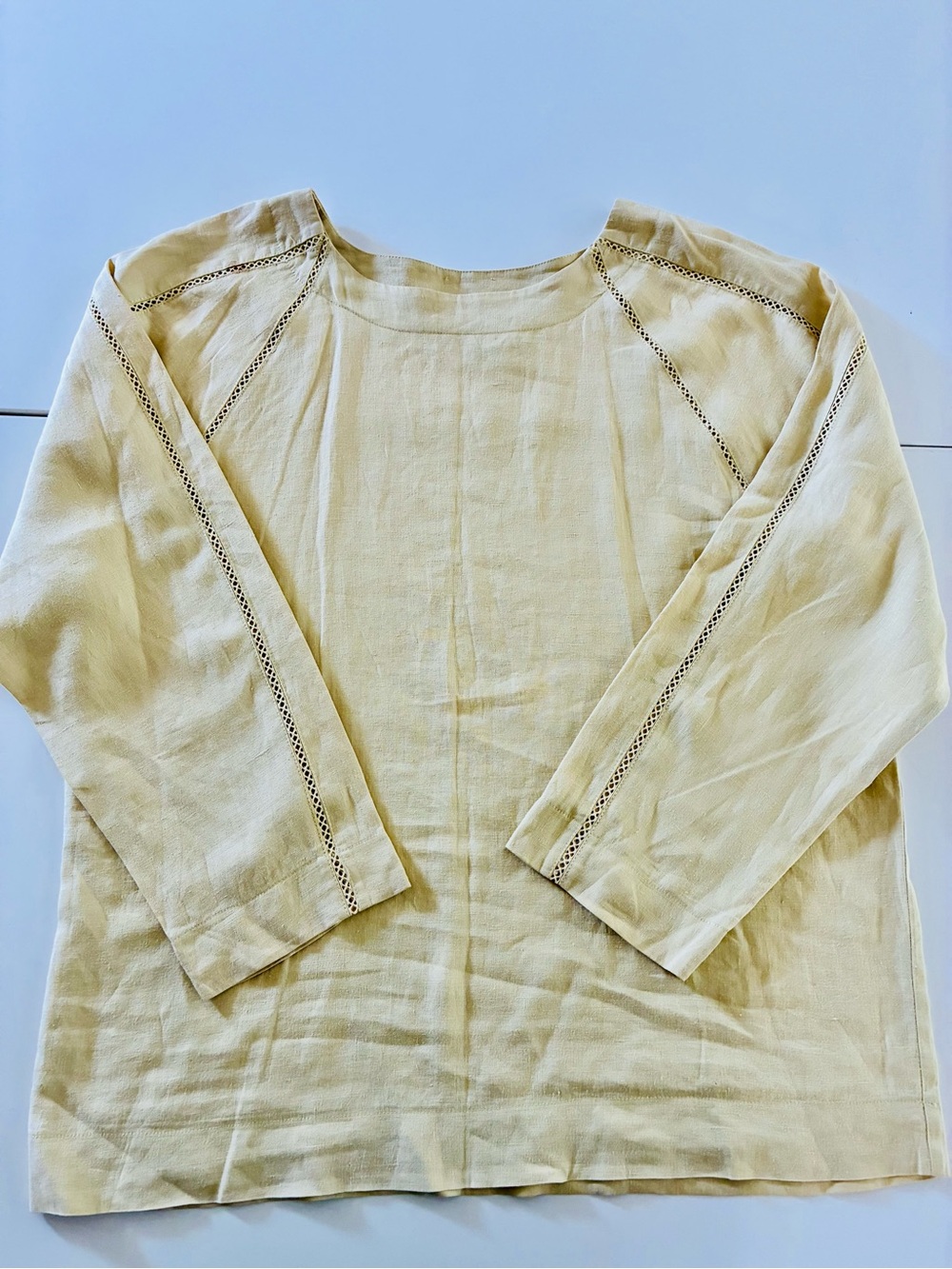 80s VTG Light Yellow 💯 Linen Women's Tunic Top Ladder Stitching Raglan Sleeves